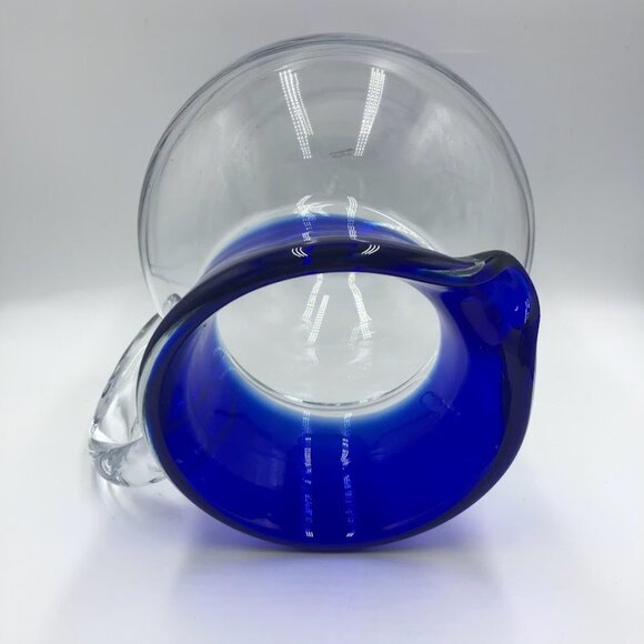 Cobalt Blue Rim Handblown Glass Pitcher Heavy Beverage Drinkware Serveware - Picture 6 of 9